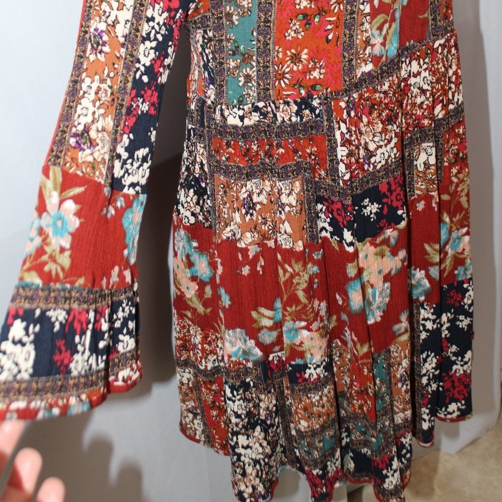 Entro V-Neck Patchwork Pattern Long Sleeve Boho D… - image 4